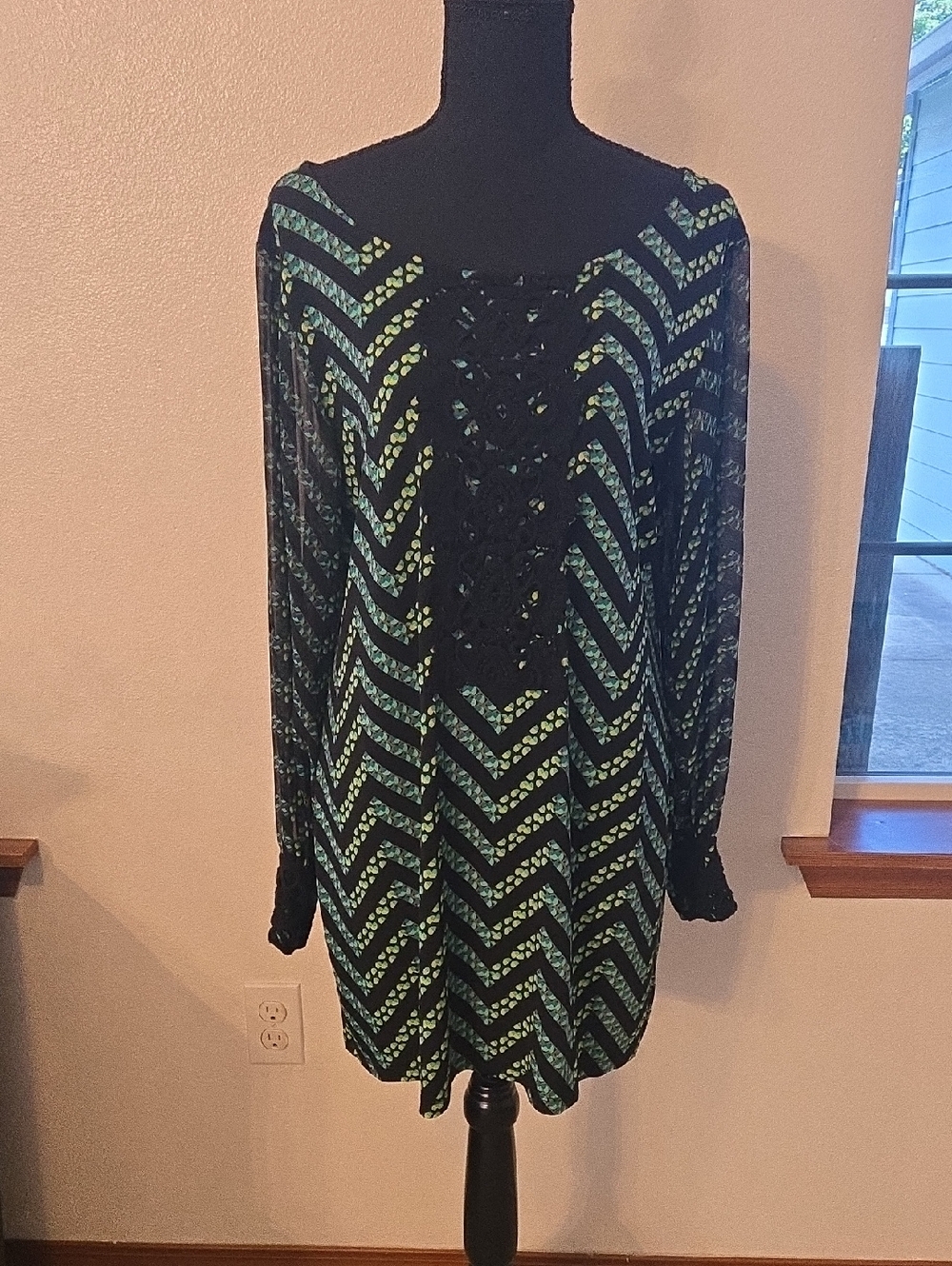 Alfani Black Tunic with Teal and Lime Chevron
